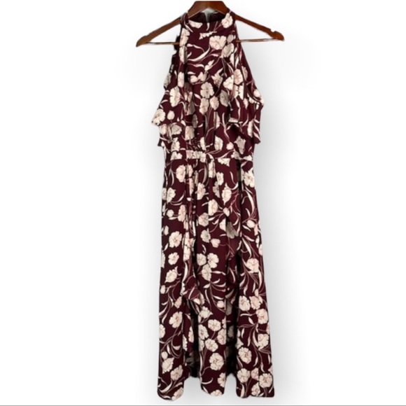 LC Lauren Conrad Runway Floral Print Halter Neck Dress Burgundy Ruffled Flowy 6 - Picture 2 of 7